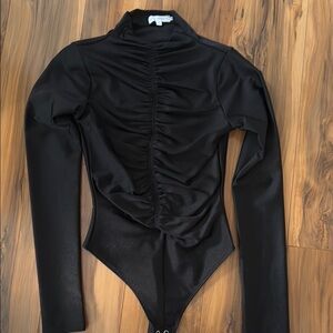 GOOD AMERICAN High Shine Compression Ruched Black Long Sleeve Bodysuit